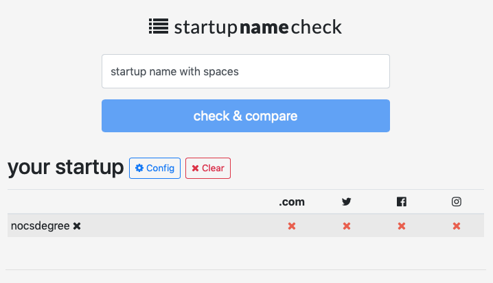 screenshot of Startup Name Check