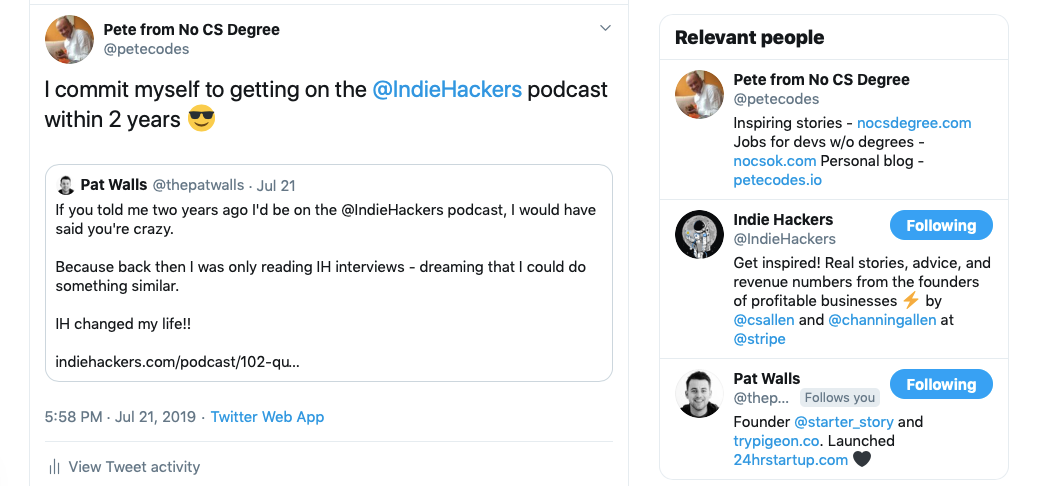 Twitter screenshot committing to being on podcast