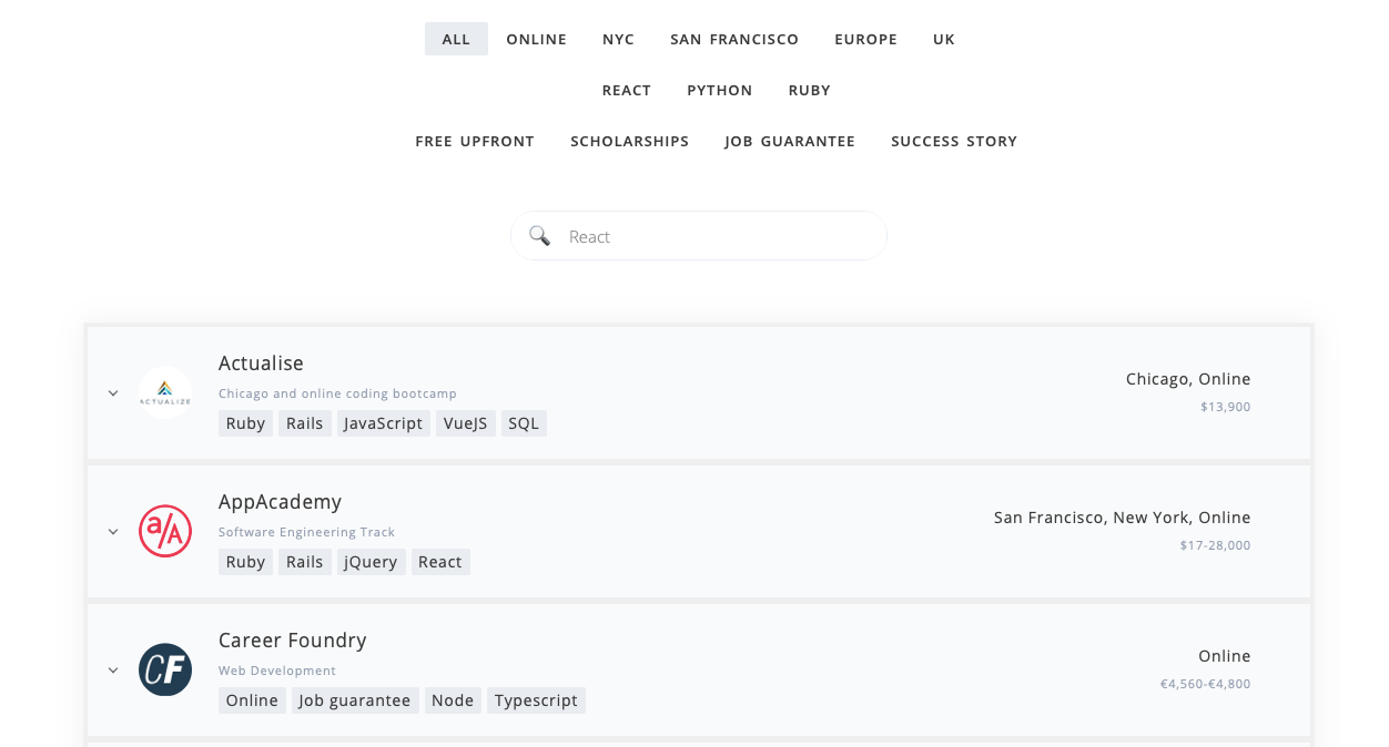 Screenshot of Bootcamp Index