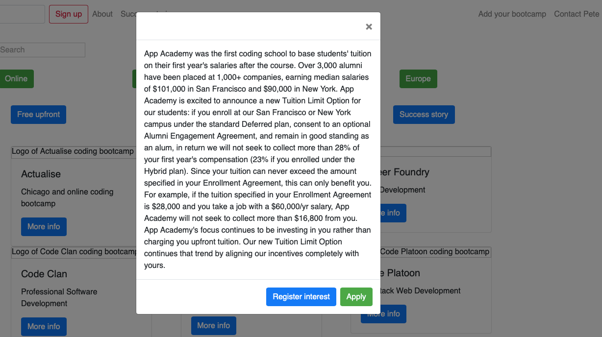 screenshot of modal on new Bootcamp Index website