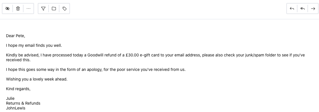Email giving me a £30 voucher for bad service