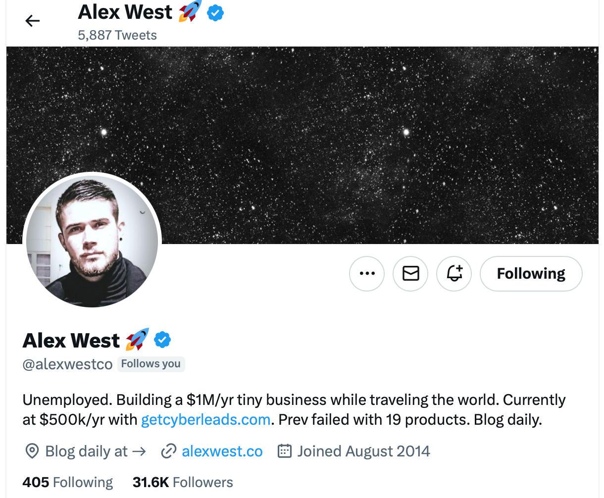Alex West twitter account