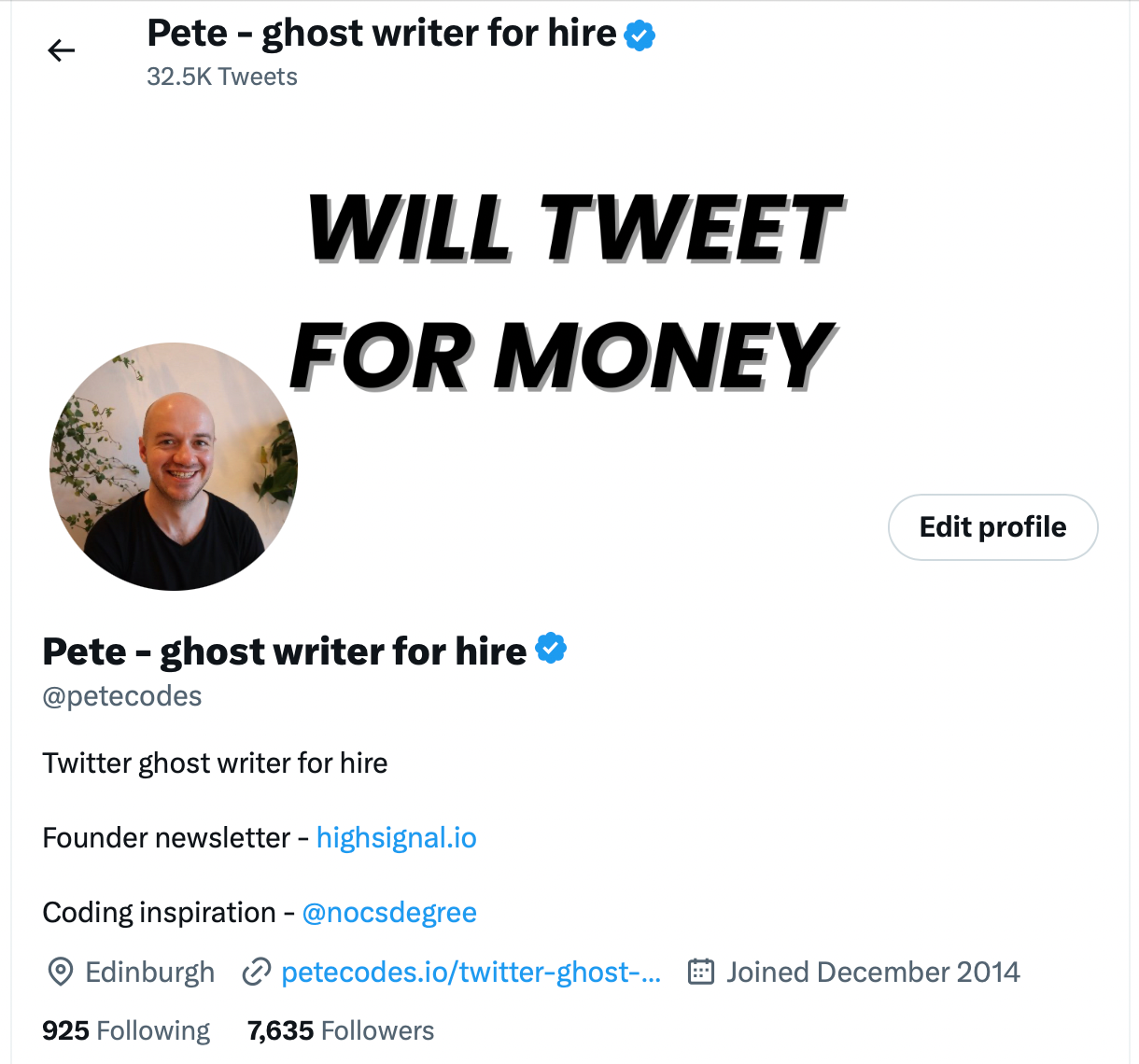 Pete Codes twitter page