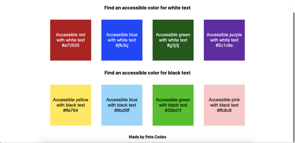 Accessible color examples for different text